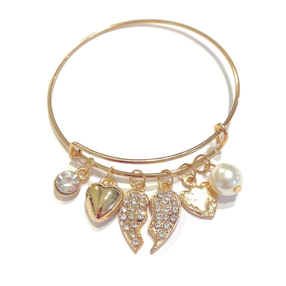 Broken Heart Charm Bangle Bracelet Gold Tone Clear Rhinestone Hearts